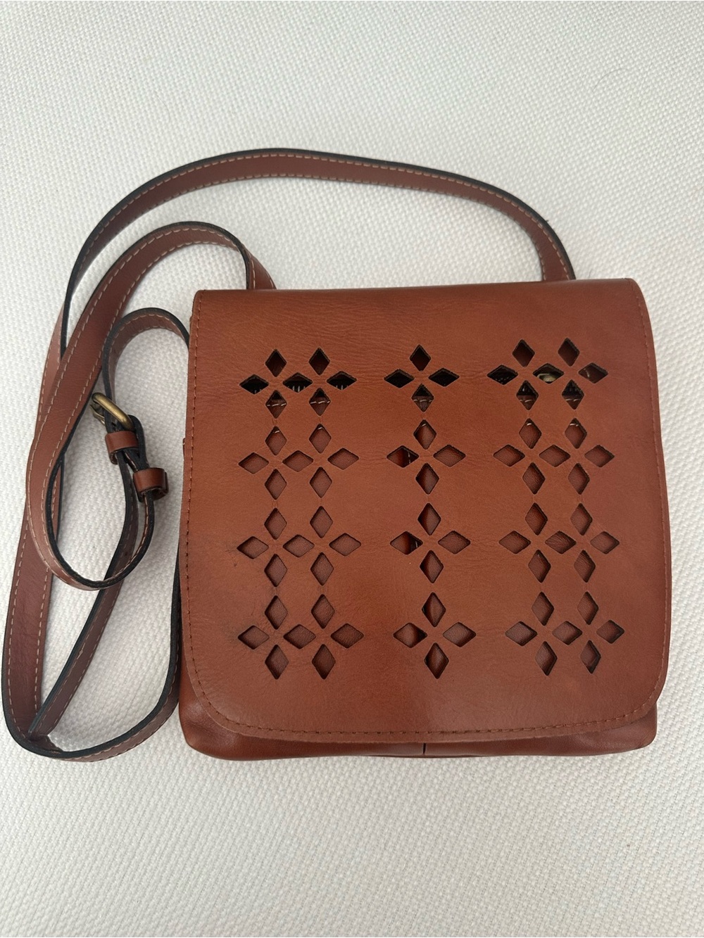 Patricia Nash Cognac Leather Crossbody with Laser-Cut Pattern
